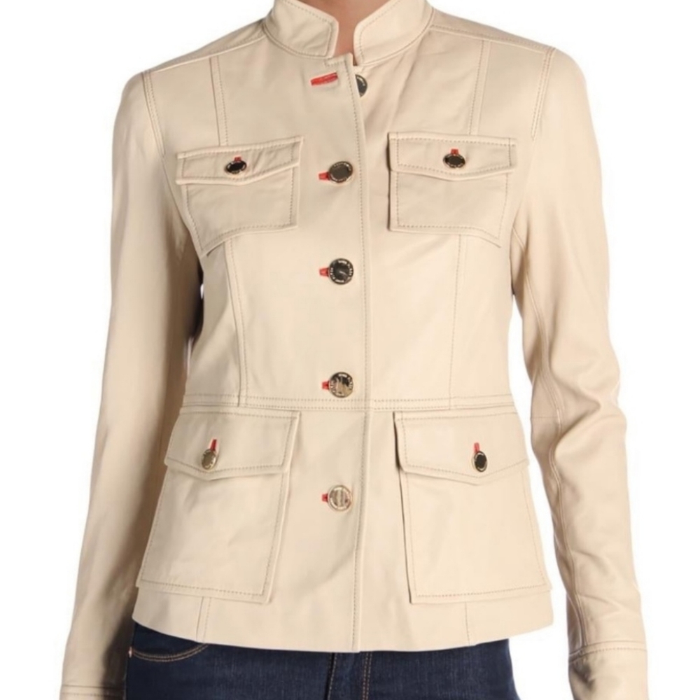 Tory Burch Winter White Sergeant Pepper Military Style Leather Jacket